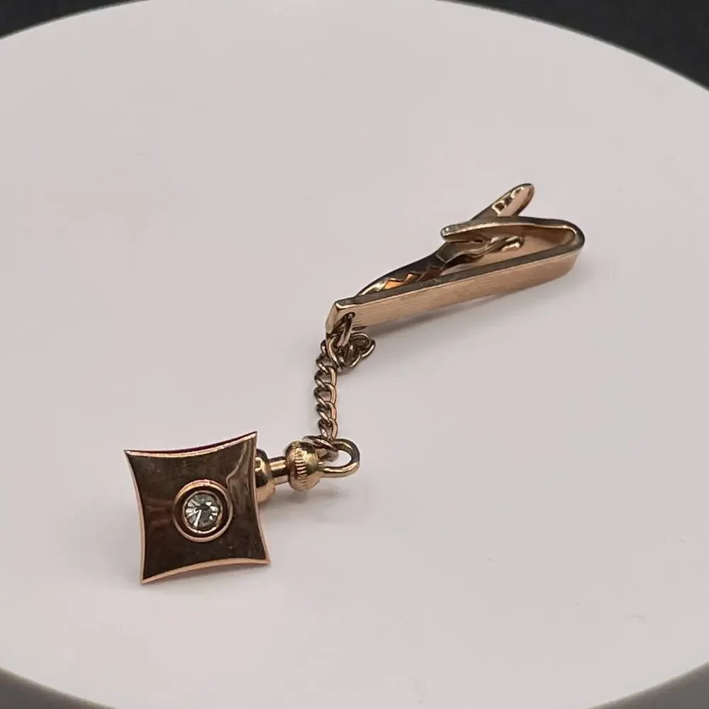 Vintage Gold Tone Dangling Fob Jockey Tie Clip Pin Rhinestone Accent Tie Bar